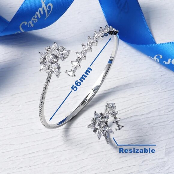 Rhodium-plated lab-created Gemstone Floral Bangle Bracelet - Picture 6 of 9